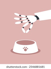 Automatic cat feeder. Сute cat is waiting for his food from the AI Robot Arm. Technology and pets. Flat Vector illustration.