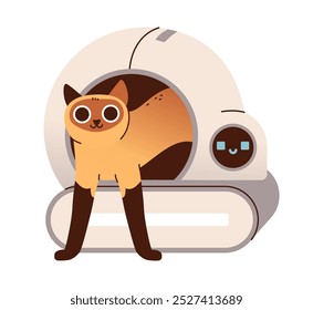 Automatic cat litter box. Cute cat in the toilet. Robot toilet for pet. Flat illustration.