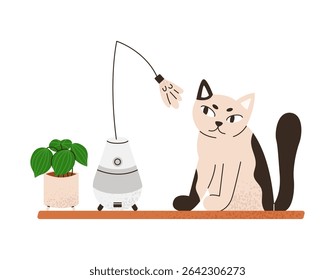 Automatic cat toy. Interactive toy. Pet with electronic device. Flat vector illustration isolated on white background.