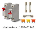 Automatic circuit breaker. Fuse of electrical protection component. Electric switches. Fuse box. Vector illustration.