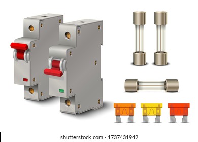 Automatic circuit breaker. Fuse of electrical protection component. Electric switches. Fuse box. Vector illustration.