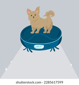 Automatic Cleaner that is Vacuuming Wool on Floor Cartoon Flat Vector Illustration. Electronic Equipment Helping People in Household or Chore. Remote Station Charging