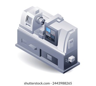 Automatic cnc lathe machine, flat isometric 3d illustration