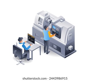 Automatische CNC-Maschinenbedienung, flache isometrische 3D-Darstellung