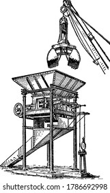 Máquina automática de pesaje de carbón, dibujo de línea vintage o ilustración de grabado.
