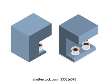 Automatic coffee machine with two cups of coffee. Back and side view set. Device for preparing hot drinks. Business office interior design. Restaurant equipment. Beverage maker. Vector illustration