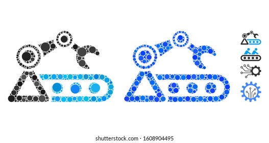Automatic conveyor composition of round dots in various sizes and color tinges, based on automatic conveyor icon. Vector round dots are united into blue composition.