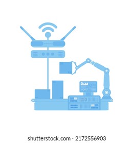 Automatische Förderlinie mit Roboterarm. Das Konzept des Internets der Dinge und der Automatisierung. Einzeln. Vektorgrafik.