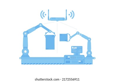 Línea transportadora automática con brazo robótico. El concepto de Internet de las cosas y la automatización. Aislado. Vector.