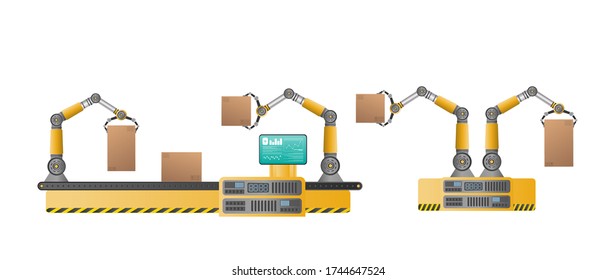 Automatic conveyor line with robotic arms. Automatic operation. Industrial robotic arm with boxes. Modern industrial technology. Appliances for manufacturing enterprises.