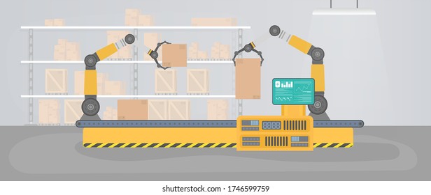 Línea transportadora automática con brazos robóticos. Almacén de producción con cajas y paletas. В е к т р.