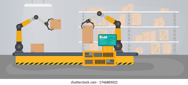 Automatic conveyor line with robotic arms. Production warehouse with boxes and pallets. Вектор.