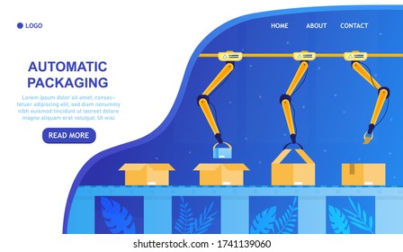 Automatic conveyor packing boxes. Yellow grip Robot Arm. Warehouse Future Packaging Technologies Concept. Robotic Manufacturing. Smart factories industry 4.0. Flat Vector Illustration