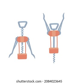 Automatische Korkenschraube zum Öffnen der Weinflaschen. Eine Korkschraube in verschiedenen Positionen - öffnen Sie die Flasche und ziehen Sie den Weinkork heraus, entkorken Sie die Anweisungen. handgezeichnete Vektorgrafik