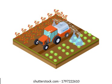 Automatic crop irrigation. Machine watering tomatoes and cabbage. Isolated isometric plantation location, vegetables garden vector illustration