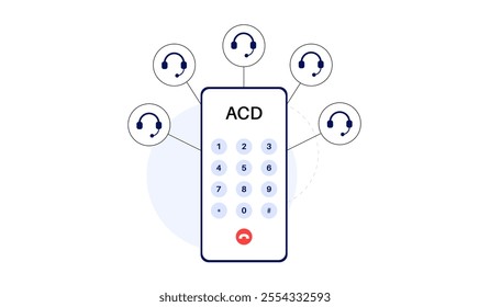Automatic customer distributors. Automates customer interactions through voice prompts, option menu, speech recognition. Enhancing efficiency and providing seamless support. ACD vector illustration