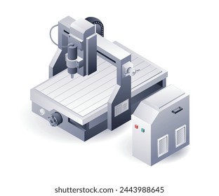 Automatic cutting cnc lathe machine, isometric plate 3d illustration