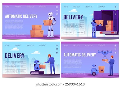 Automatic delivery technology landing page design vector set. Robotic quadcopter delivers post package to warehouse worker. Cartoon robot carrying cargo. Logistics transportation, smart distribution