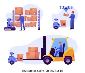 Automatic delivery technology, smart distribution, warehouse logistics transportation vector flat illustrations set. Robotic quadcopter delivers post package to worker. Cartoon robot carrying cargo