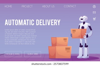 Automatic delivery technology vector landing page design. Cartoon industrial robot carry cardboard box. Transportation, logistics and distribution process vector flat illustration