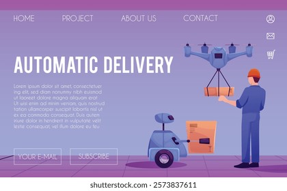 Automatic delivery technology vector landing page design. Robotic quadcopter delivers post package to the warehouse worker. Cartoon robot carrying cargo. Logistics transportation, smart distribution