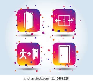 Automatic door icon. Emergency exit with human figure and arrow symbols. Fire exit signs. Colour gradient square buttons. Flat design concept. Vector