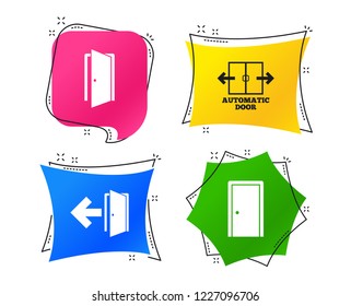 Automatic door icon. Emergency exit with arrow symbols. Fire exit signs. Geometric colorful tags. Banners with flat icons. Trendy design. Vector