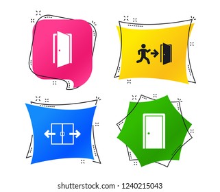 Automatic door icon. Emergency exit with human figure and arrow symbols. Fire exit signs. Geometric colorful tags. Banners with flat icons. Trendy design. Vector
