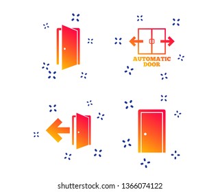 Automatic door icon. Emergency exit with arrow symbols. Fire exit signs. Random dynamic shapes. Gradient door icon. Vector