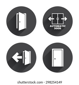 Automatic door icon. Emergency exit with arrow symbols. Fire exit signs. Circles buttons with long flat shadow. Vector