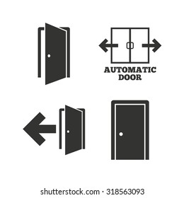 Automatic door icon. Emergency exit with arrow symbols. Fire exit signs. Flat icons on white. Vector