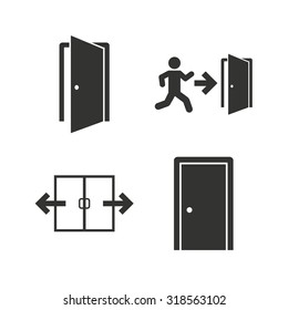 Automatisches Türsymbol. Notausgang mit menschlicher Figur und Pfeilsymbolen. Feuerausgangsschilder. Flache Symbole auf Weiß. Vektorgrafik