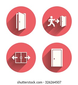 Automatic door icon. Emergency exit with human figure and arrow symbols. Fire exit signs. Pink circles flat buttons with shadow. Vector