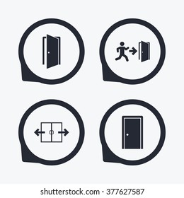 Automatic door icon. Emergency exit with human figure and arrow symbols. Fire exit signs. Flat icon pointers.