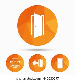 Automatic door icon. Emergency exit with arrow symbols. Fire exit signs. Triangular low poly buttons with shadow. Vector