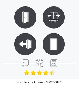 Automatic door icon. Emergency exit with arrow symbols. Fire exit signs. Chat, award medal and report linear icons. Star vote ranking. Vector