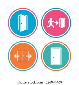 Automatic door icon. Emergency exit with human figure and arrow symbols. Fire exit signs. Colored circle buttons. Vector