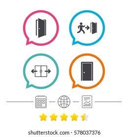 Automatic door icon. Emergency exit with human figure and arrow symbols. Fire exit signs. Calendar, internet globe and report linear icons. Star vote ranking. Vector