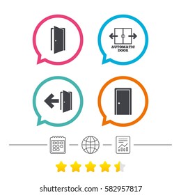 Automatic door icon. Emergency exit with arrow symbols. Fire exit signs. Calendar, internet globe and report linear icons. Star vote ranking. Vector