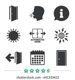 Automatic door icon. Emergency exit with arrow symbols. Fire exit signs. Information, go to web and calendar icons. Sun and loud speak symbol. Vector