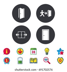 Automatic door icon. Emergency exit with human figure and arrow symbols. Fire exit signs. Calendar, Information and Download signs. Stars, Award and Book icons. Light bulb, Shield and Search. Vector