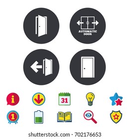 Automatic door icon. Emergency exit with arrow symbols. Fire exit signs. Calendar, Information and Download signs. Stars, Award and Book icons. Light bulb, Shield and Search. Vector