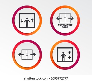 Automatic door icons. Elevator symbols. Auto open. Person symbol with up and down arrows. Infographic design buttons. Circle templates. Vector
