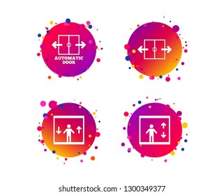 Automatic door icons. Elevator symbols. Auto open. Person symbol with up and down arrows. Gradient circle buttons with icons. Random dots design. Vector