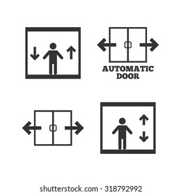 Automatic door icons. Elevator symbols. Auto open. Person symbol with up and down arrows. Flat icons on white. Vector