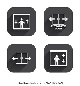 Automatic door icons. Elevator symbols. Auto open. Person symbol with up and down arrows. Square flat buttons with long shadow.