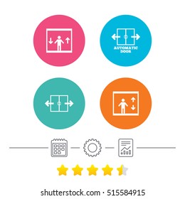 Automatic door icons. Elevator symbols. Auto open. Person symbol with up and down arrows. Calendar, cogwheel and report linear. Star vote ranking. Vector