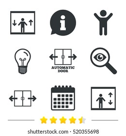 Automatic door icons. Elevator symbols. Auto open. Person symbol with up and down arrows. Information, light bulb and calendar icons. Investigate magnifier. Vector