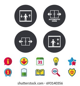 Automatic door icons. Elevator symbols. Auto open. Person symbol with up and down arrows. Calendar, Information and Download signs. Stars, Award and Book icons. Light bulb, Shield and Search. Vector