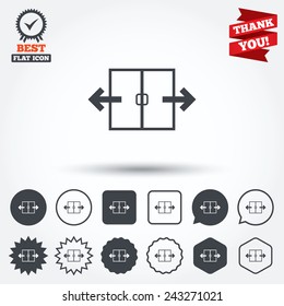 Automatic door sign icon. Auto open symbol. Circle, star, speech bubble and square buttons. Award medal with check mark. Thank you ribbon. Vector
